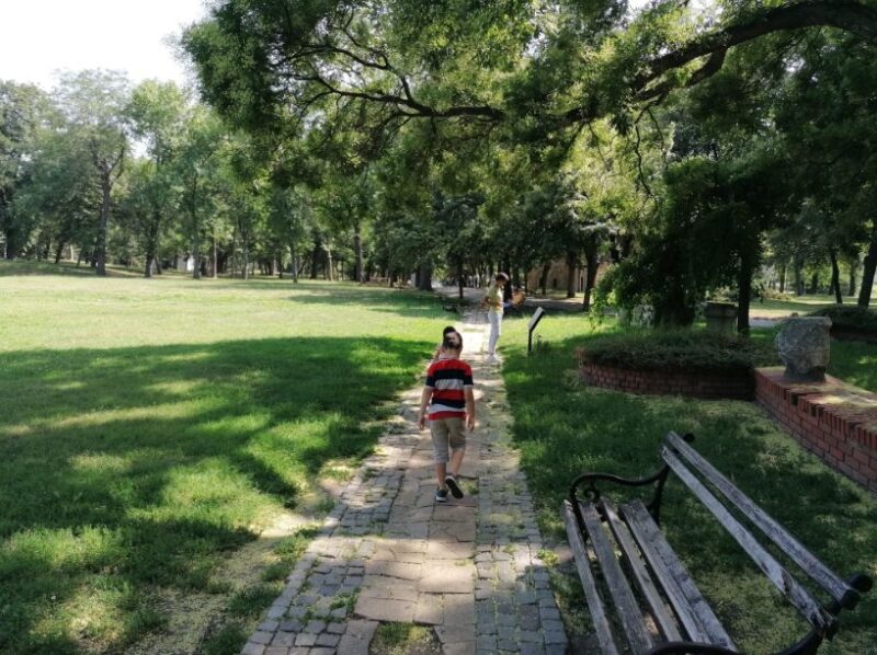 Dečak hoda stazom kroz park Niške tvrđave, okružen zelenilom i drvećem, sa klupom u prvom planu.