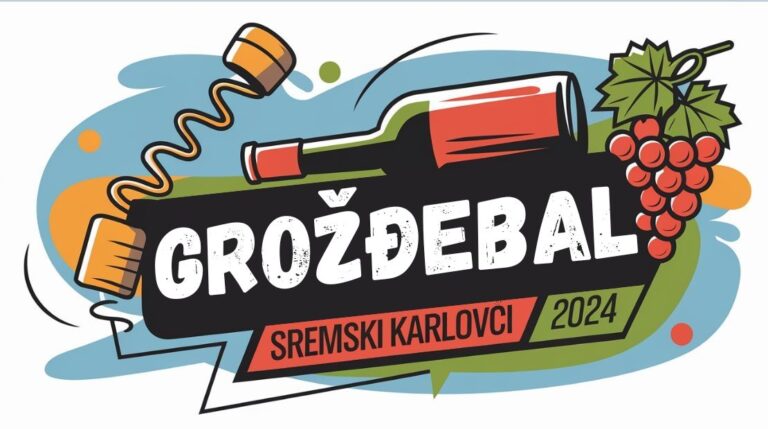 Logo za Grožđebal 2024 u Sremskim Karlovcima prikazuje stilizovanu bocu vina, čep sa vadičepom i grozd sa tekstom "Grožđebal" u velikim belim slovima, ispisanim preko crne pozadine, ispod čega stoji natpis "Sremski Karlovci 2024"