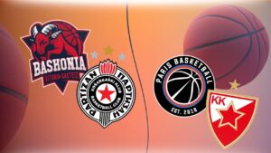 Promotivna grafika za utakmice Evrolige koja prikazuje Baskonia Vitoria-Gasteiz protiv Partizan Beograda i Paris Basketball protiv Crvene Zvezde Beograd, sa logotipima timova i košarkaškom loptom na narandžastoj pozadini.