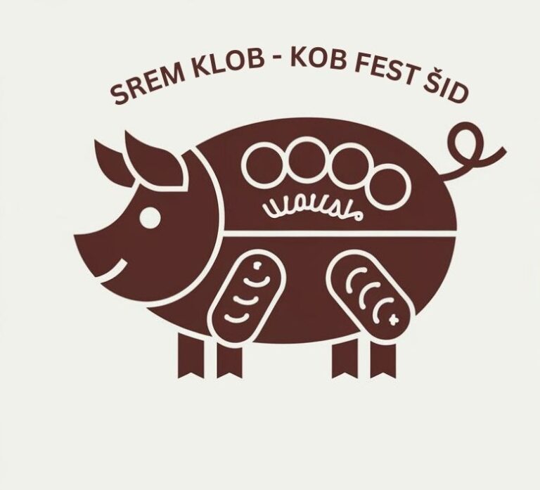 Logo festivala SREM KLOB-KOB FEST ŠID, stilizovana svinja sa elementima kobasica u dizajnu, sa nazivom festivala iznad.