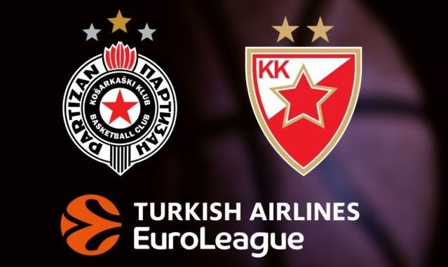 Promotivna slika za Evroligu sa logotipovima KK Partizan i KK Crvena Zvezda sa obe strane i logom Turkish Airlines EuroLeague na sredini.