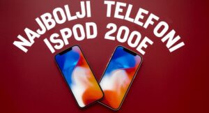 Dva mobilna telefona sa ekranima u živopisnim bojama ispod natpisa 'Najbolji telefoni ispod 200e' na crvenoj pozadini