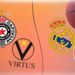 Logo košarkaških klubova: Partizan, Virtus Bolonja, Real Madrid i Crvena Zvezda sa košarkaškom pozadinom.