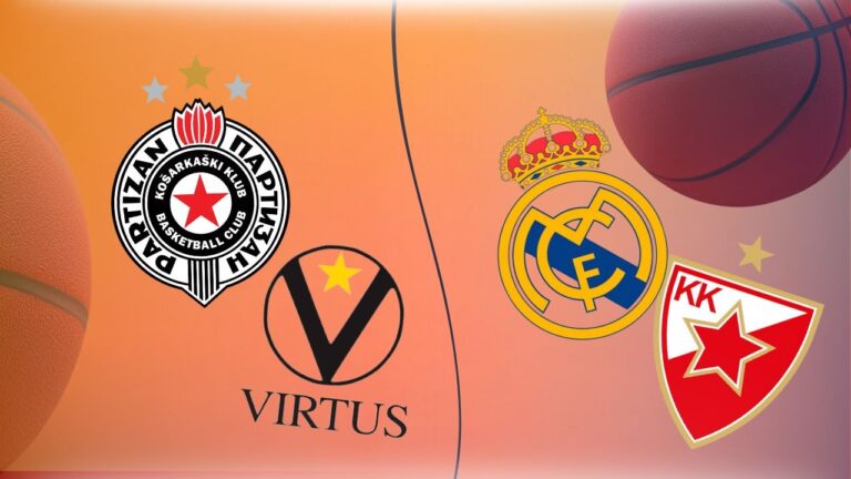 Logo košarkaških klubova: Partizan, Virtus Bolonja, Real Madrid i Crvena Zvezda sa košarkaškom pozadinom.