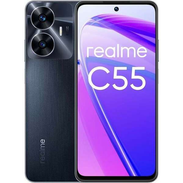 Realme C55 telefon sa dvostrukom zadnjom kamerom i ekranom na kojem je prikazano ime modela.