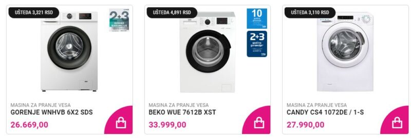 Tri veš mašine različitih brendova sa prikazom cena i popusta - Gorenje WNHVB 6X2 SDS (26.669 RSD), Beko WUE 7612B XST (33.999 RSD) i Candy CS4 1072DE/1-S (27.990 RSD)