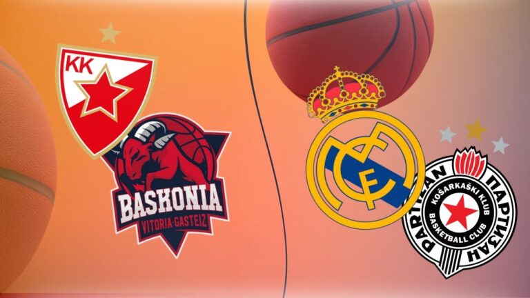 Logo timova Crvena Zvezda i Baskonija, kao i Real Madrid i Partizan, u kontekstu Evrolige 2024/25, sa pozadinskom loptom za košarku