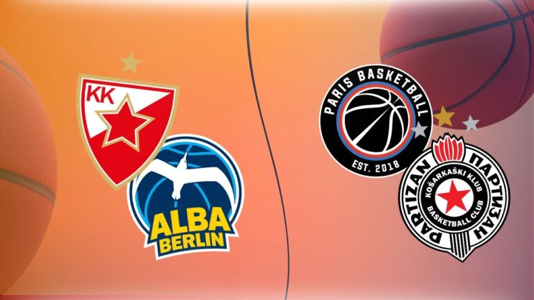 Logo košarkaških klubova Crvena Zvezda, Alba Berlin, Paris Basketball i Partizan Beograd pred 8. kolo Evrolige 2024. godine.