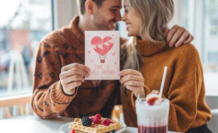 Zaljubljeni par drži romantičnu čestitku sa natpisom „Love is all around“ u kafiću, uz vafle i napitak.